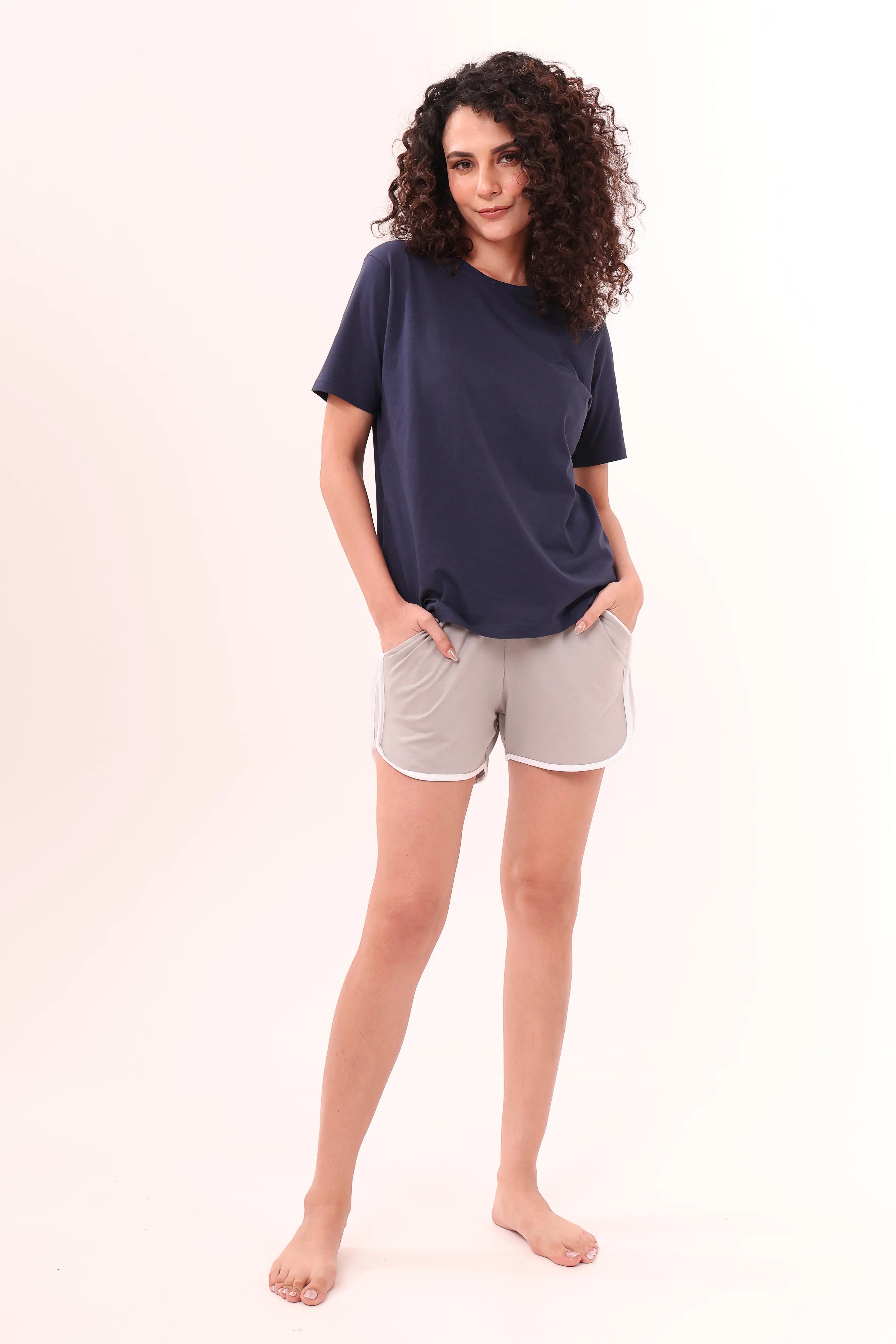 Navy Blue Tee & Grey Piped-Up Shorts Lounge Set