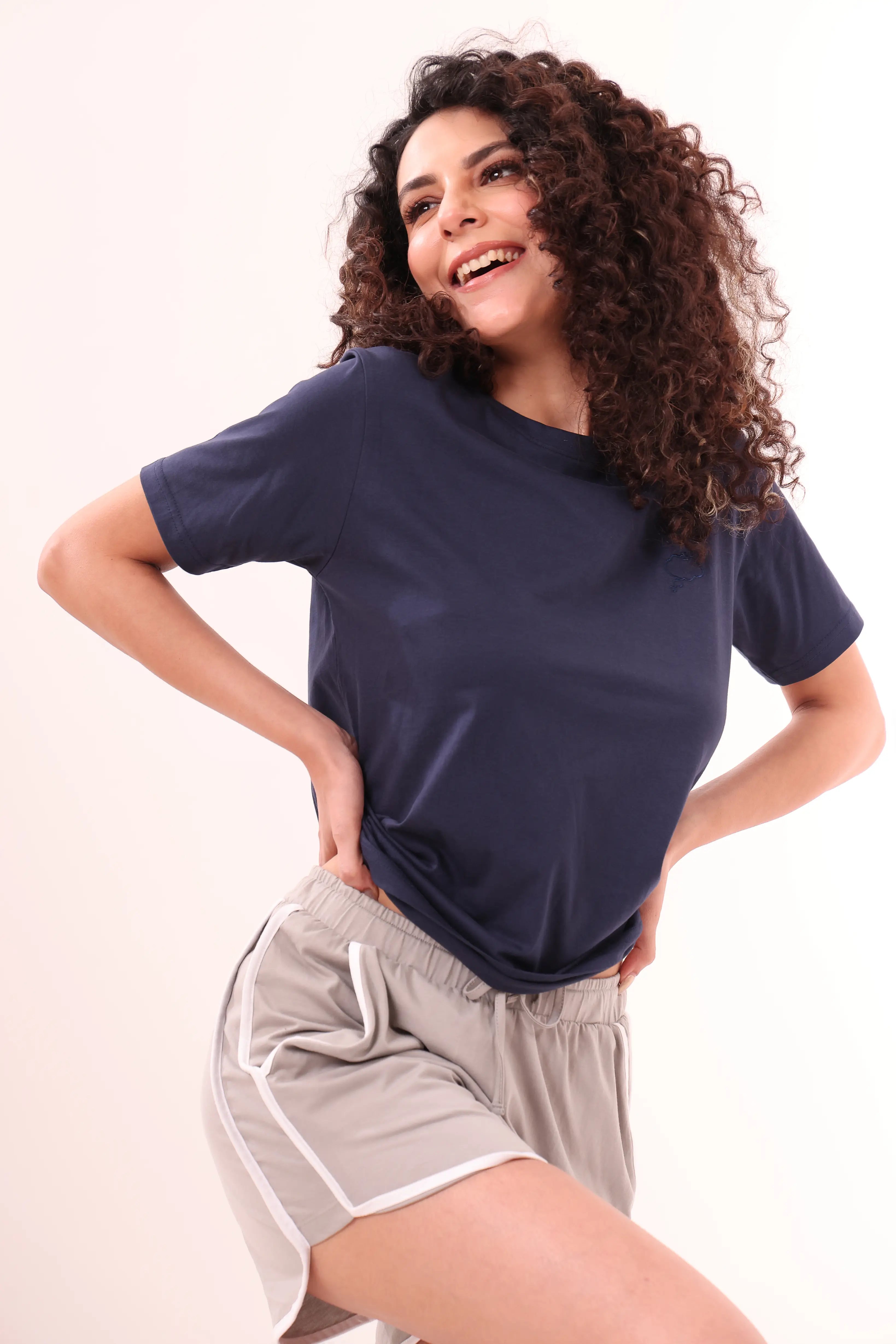 Navy Blue Tee & Grey Piped-Up Shorts Lounge Set