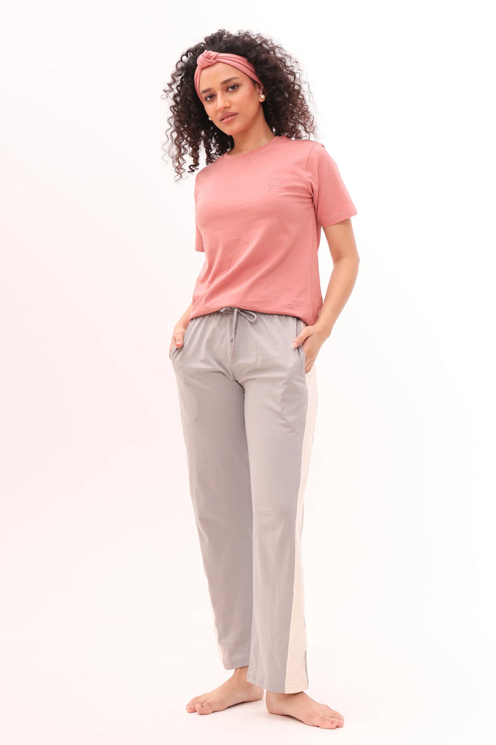 Rose Pink Tee & Grey Contrast Striped Pyjama Lounge Set