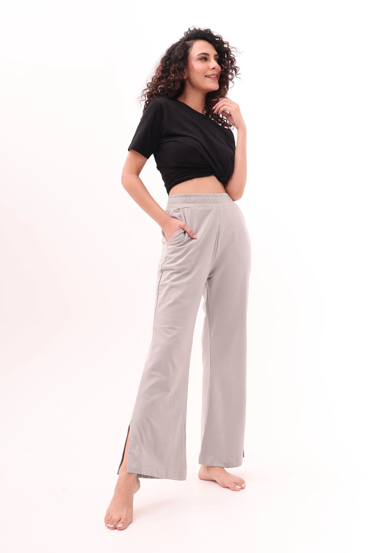 Black Tee & Grey Flared Side Slit Pyjama Lounge Set