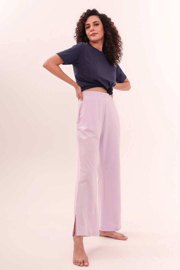 Navy Blue Tee & Lavender Flared Side Slit Pyjama Lounge Set