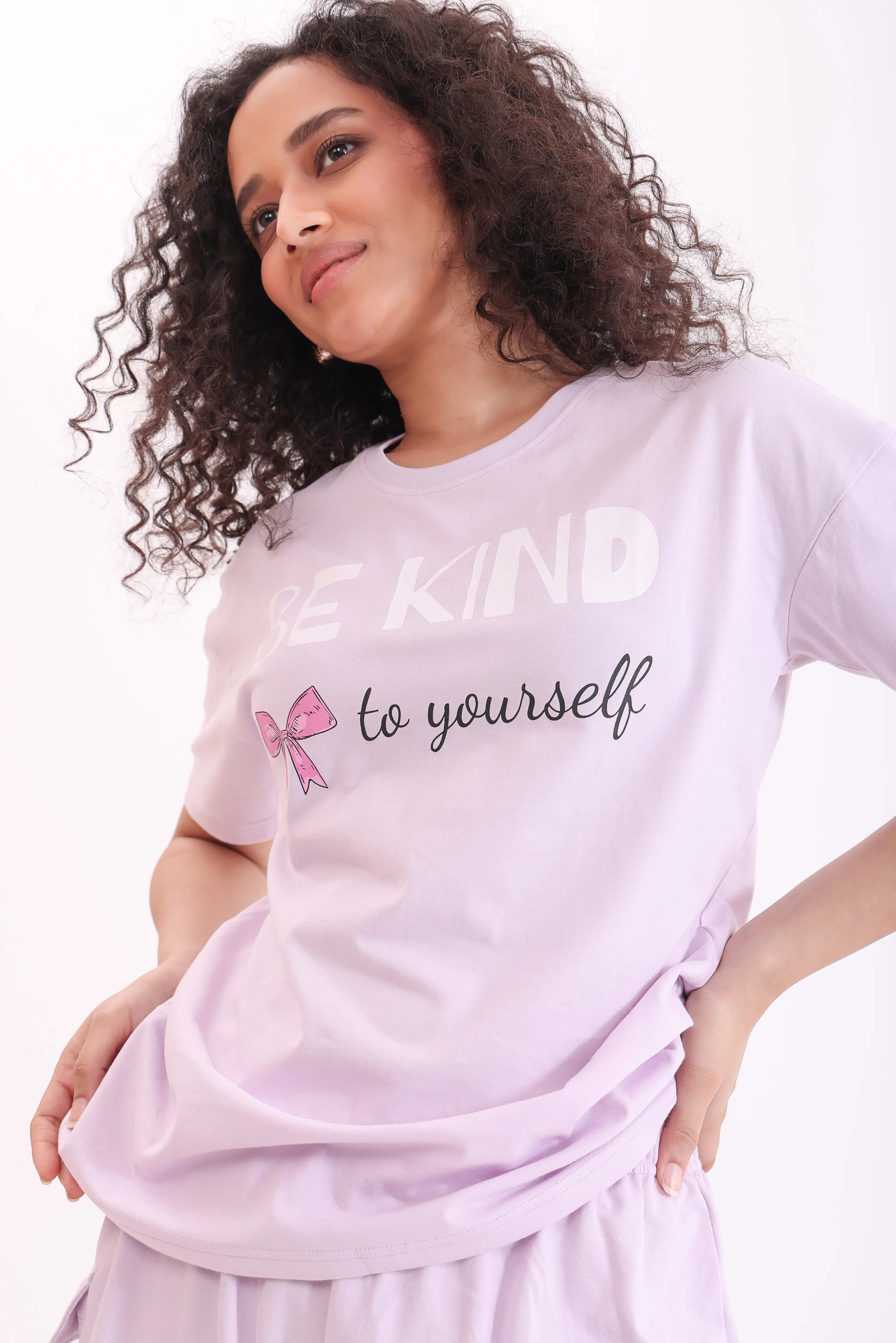 Close-up of lavender printed tee for women by NapStory