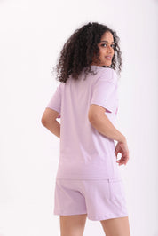 Back view of lavender oversized printed tee for women in soft cotton by NapStory