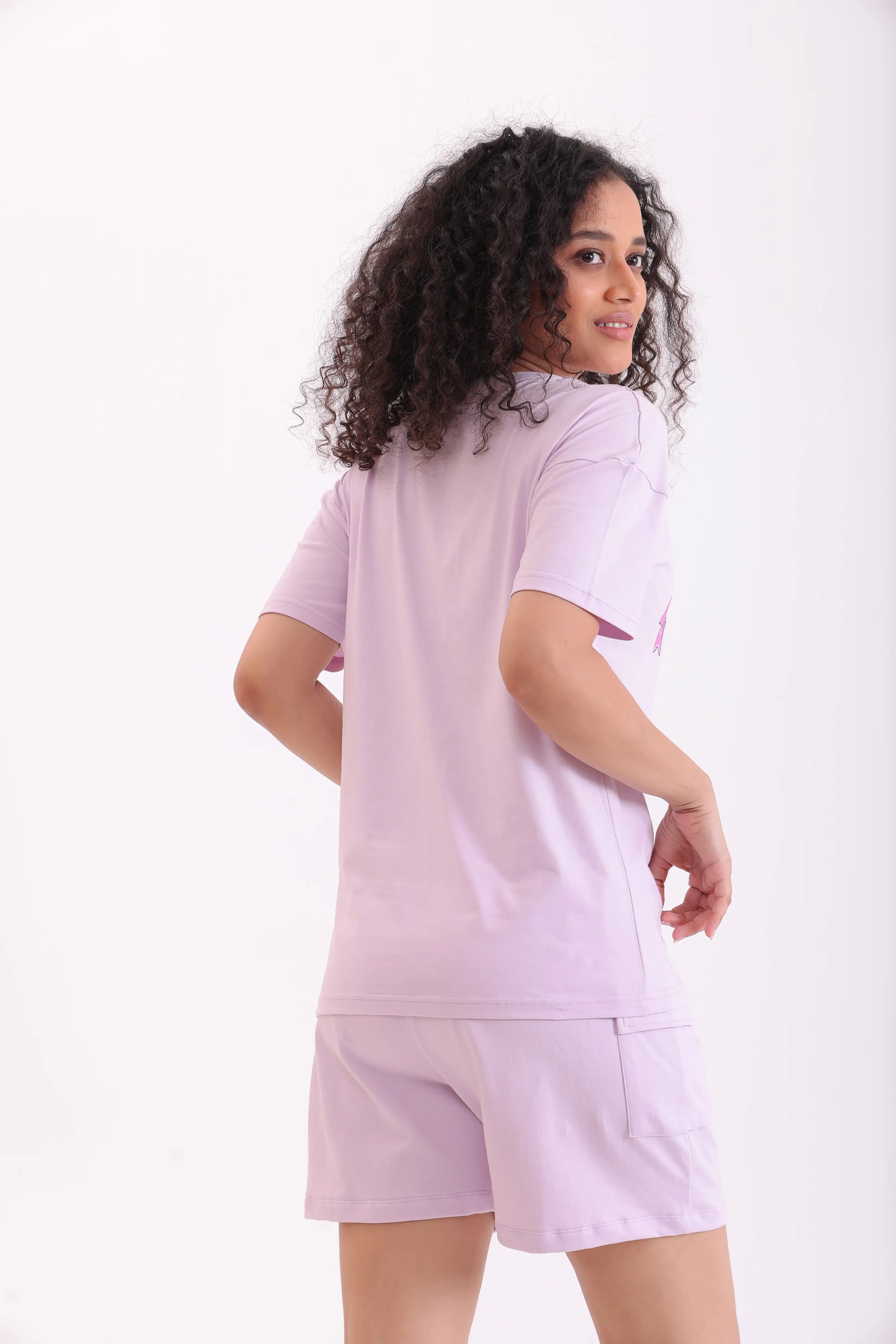 Back view of lavender oversized printed tee for women in soft cotton by NapStory