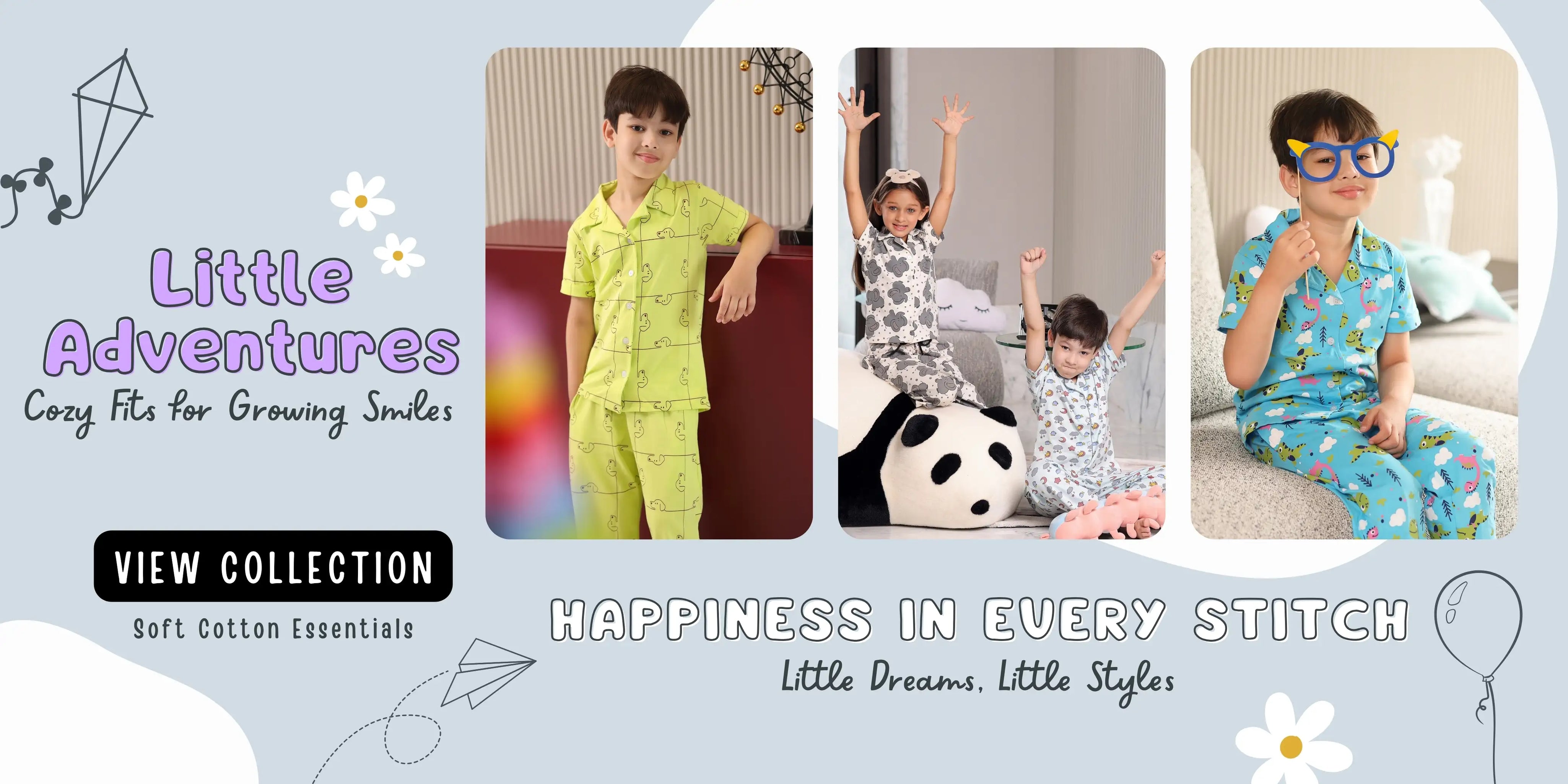 Children's pajama set with text 'Little Adventures' and 'Happiness in Every Stitch'.
