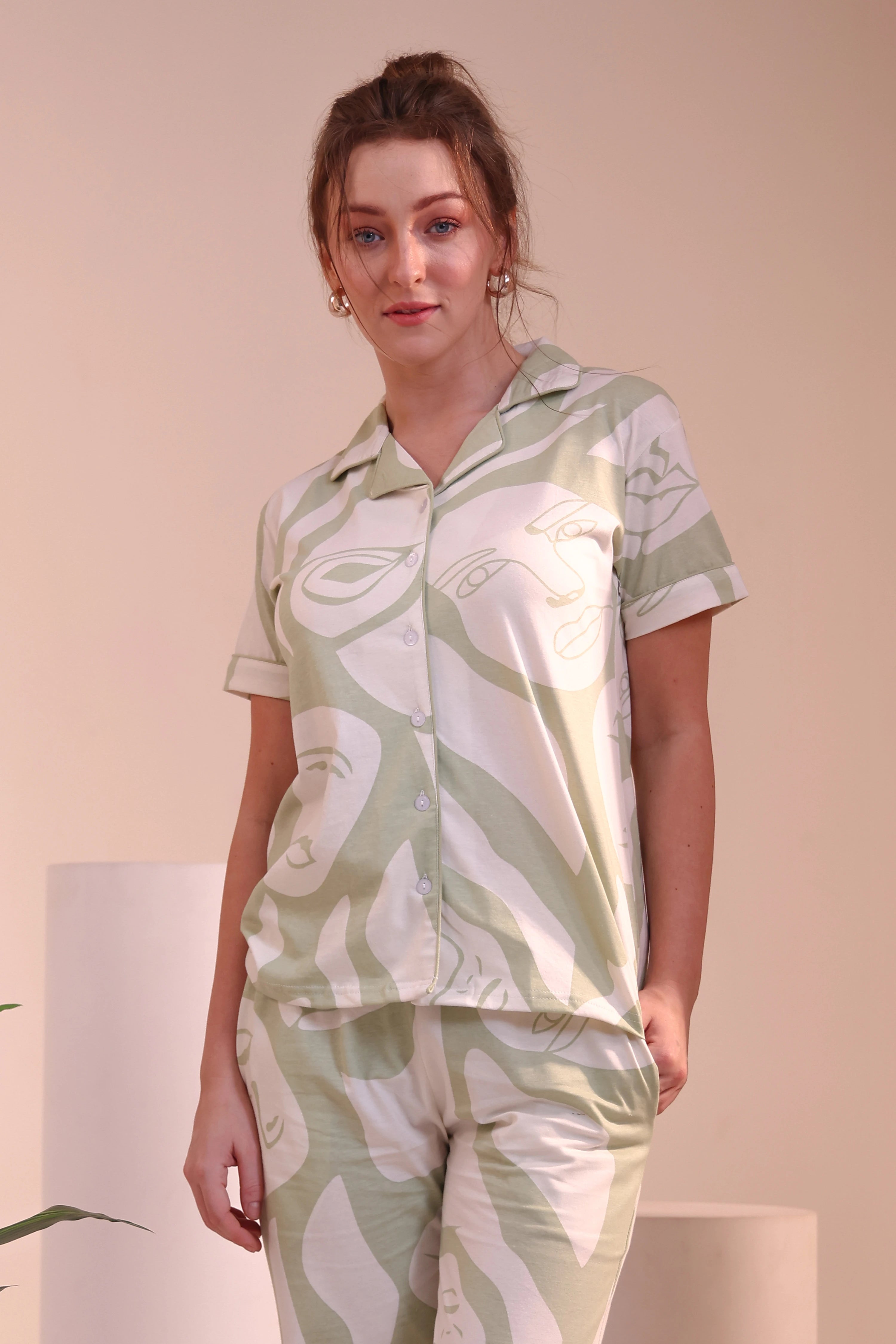 Front view of Whispering Sage Printed Pyjama Set for Women in 100% Cotton Nightwear