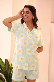Woman smiling in Spring Fizz Shorts Set night suit by NapStory.