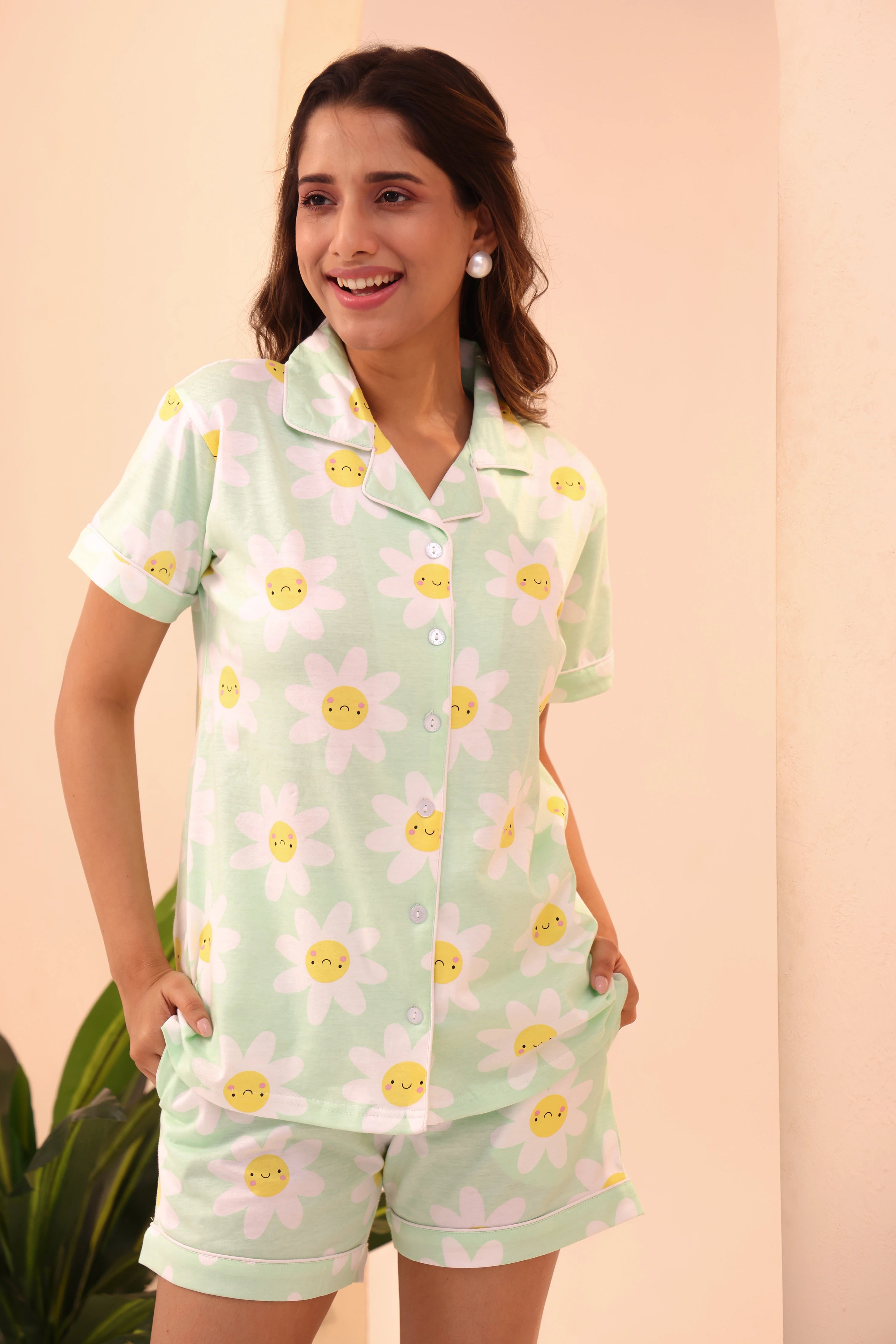Woman posing with hands in pockets in Spring Fizz Shorts Set night suit by NapStory.