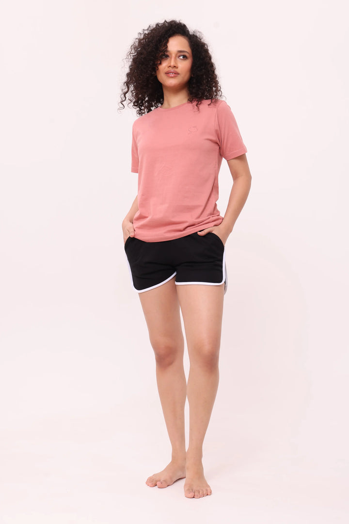 Rose Pink Tee & Black Piped-Up Shorts Lounge Set
