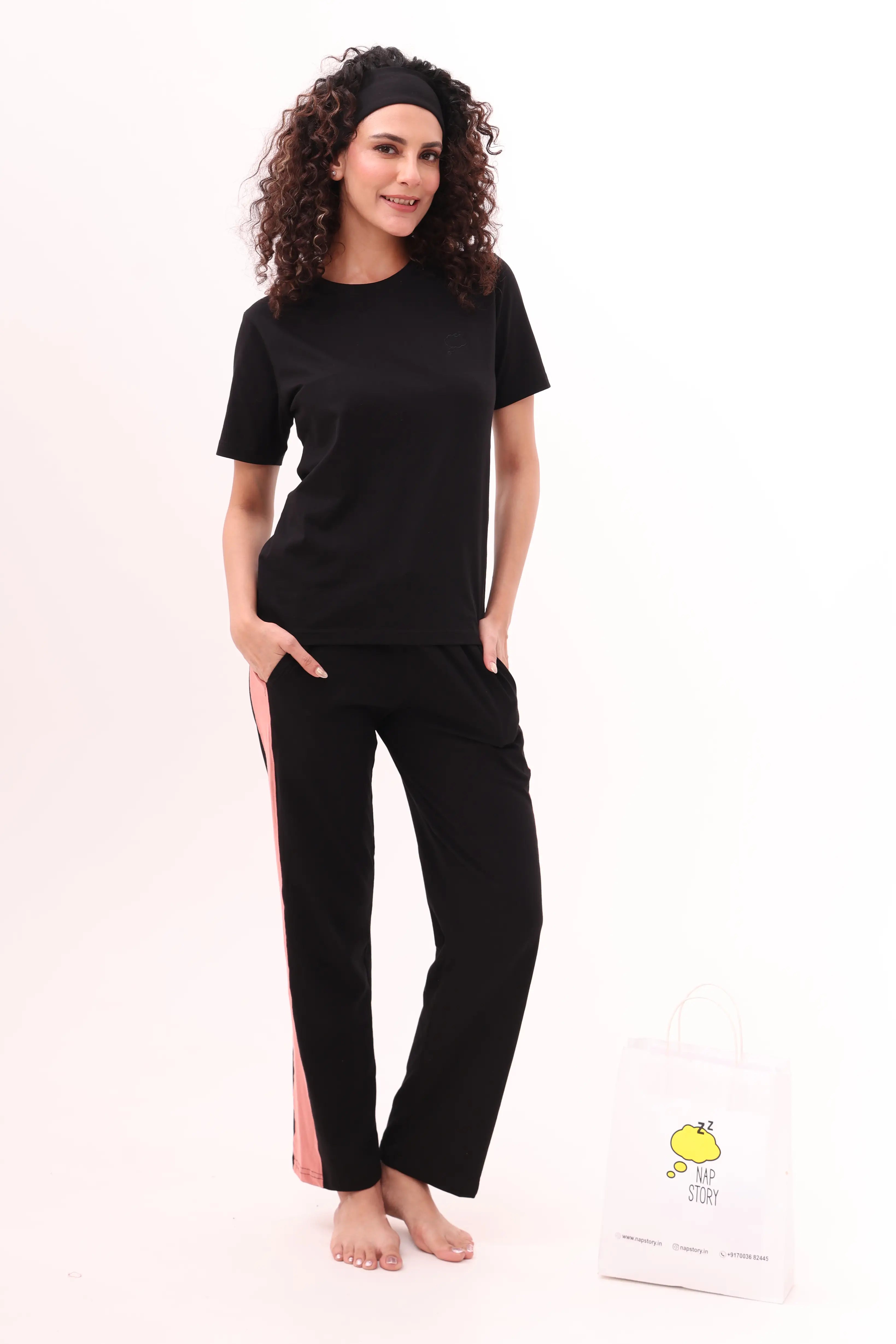 Black Contrast Striped Pants