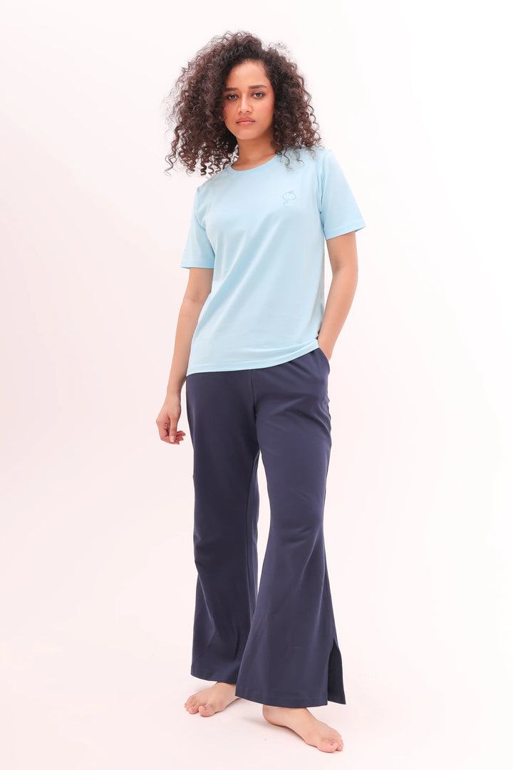 Sky Blue Tee & Navy Flared Side Slit Pyjama Lounge Set