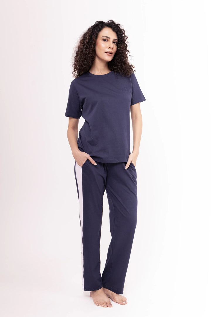 Navy Blue Tee & Navy Contrast Striped Pyjama Lounge Set