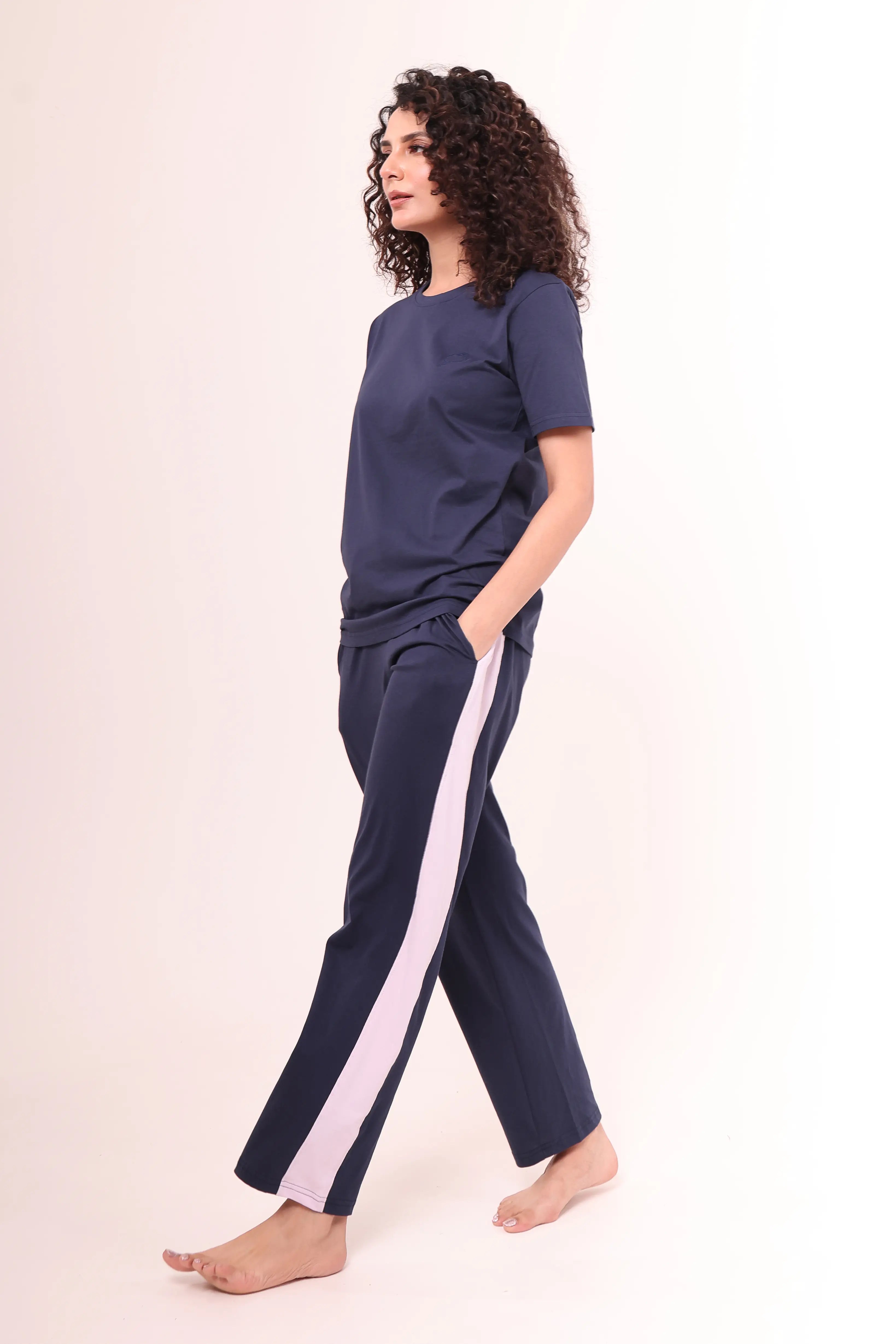 Navy Contrast Striped Pants