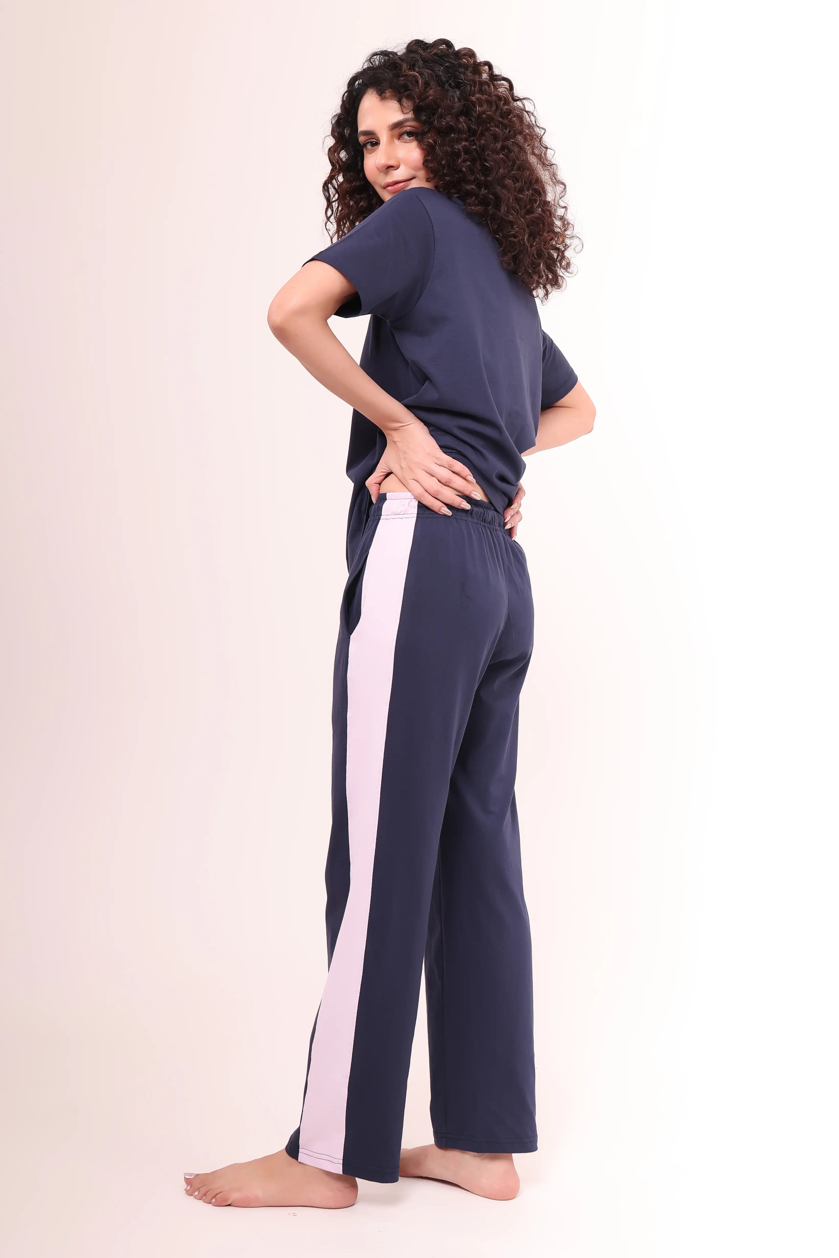 Navy Contrast Striped Pants