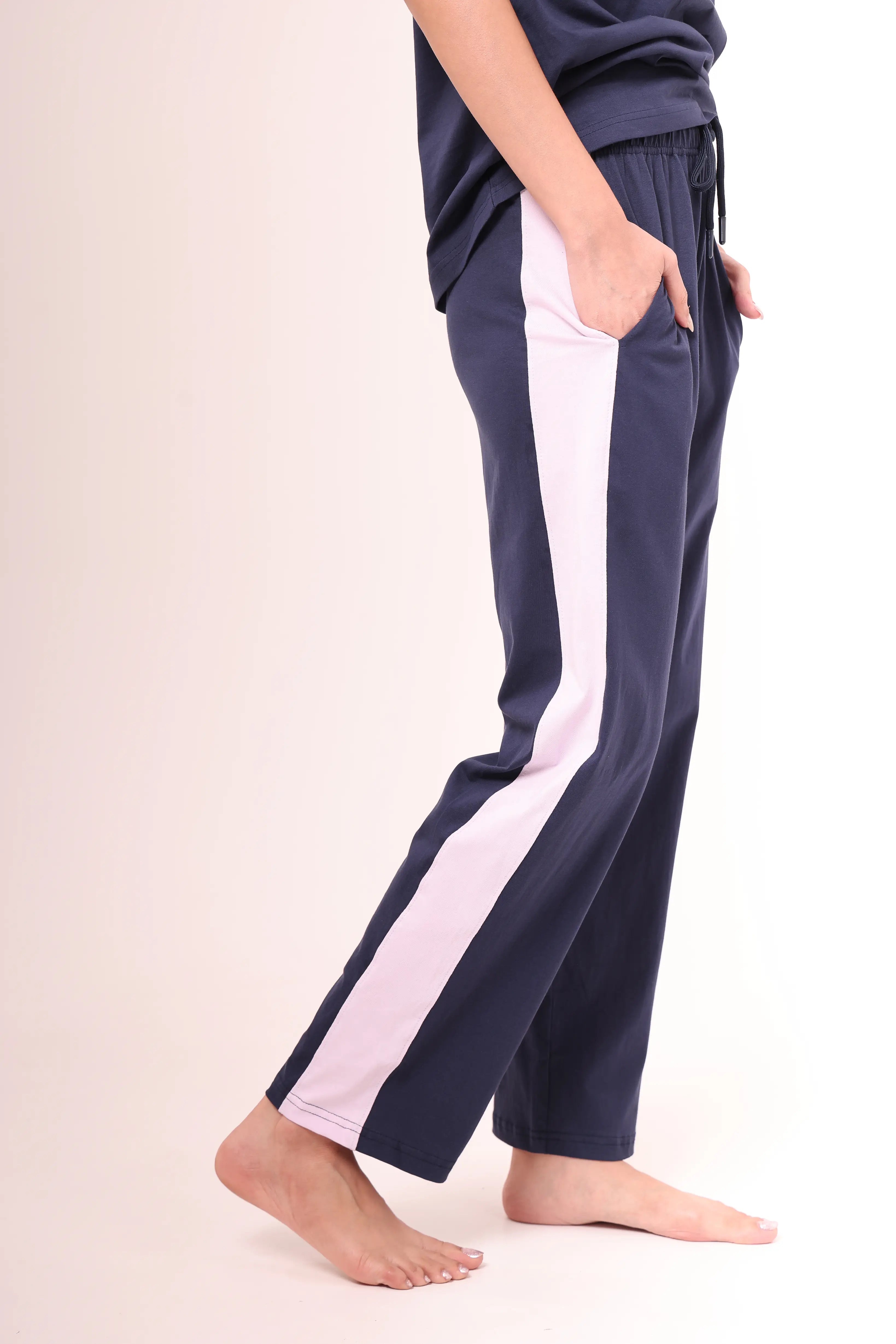Navy Contrast Striped Pants
