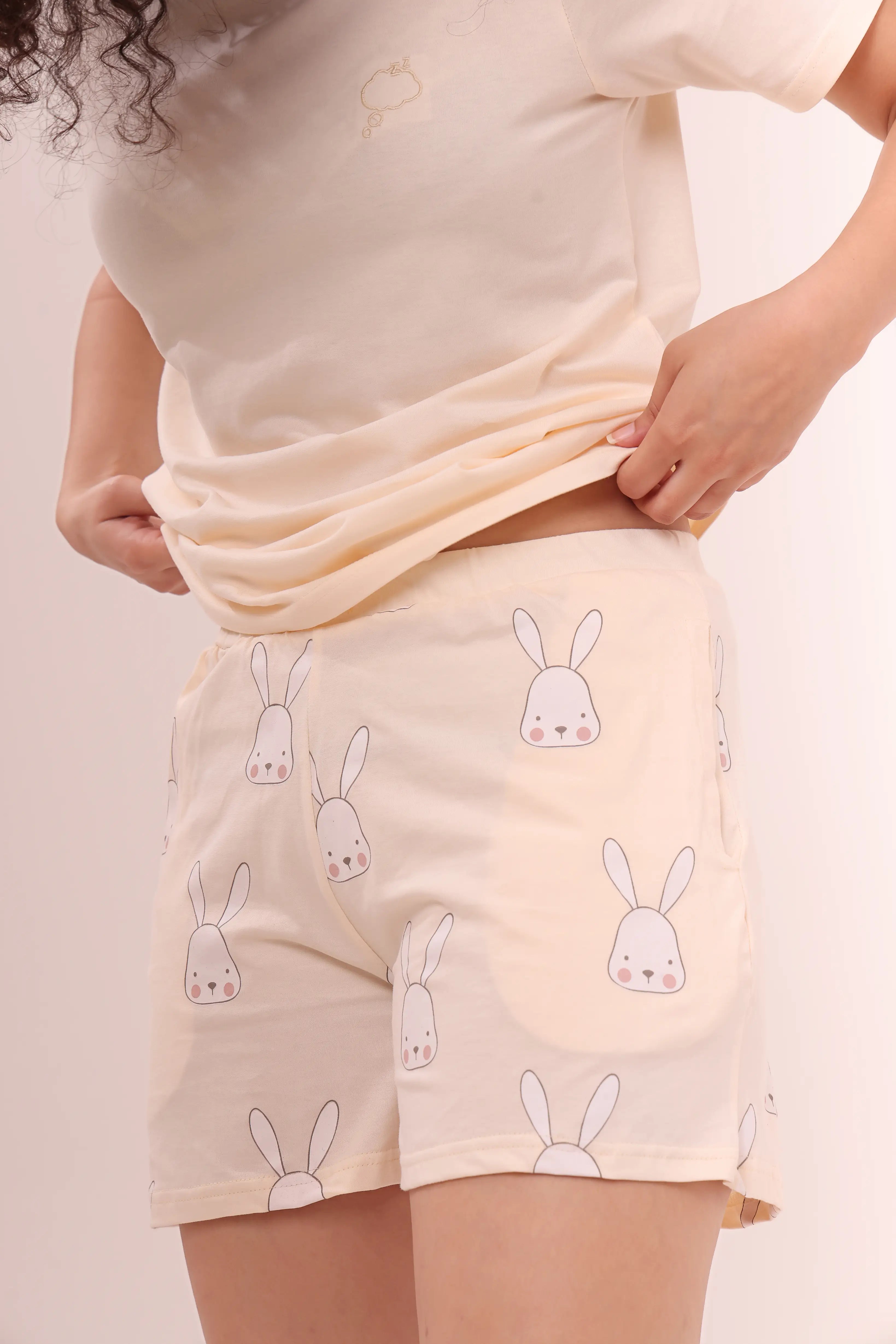 Ecru White Tee & Bunny Shorts Lounge Set