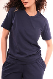 Close-up of Basic Navy Cotton V-Neck Tee highlighting fabric and neckline by NapStory