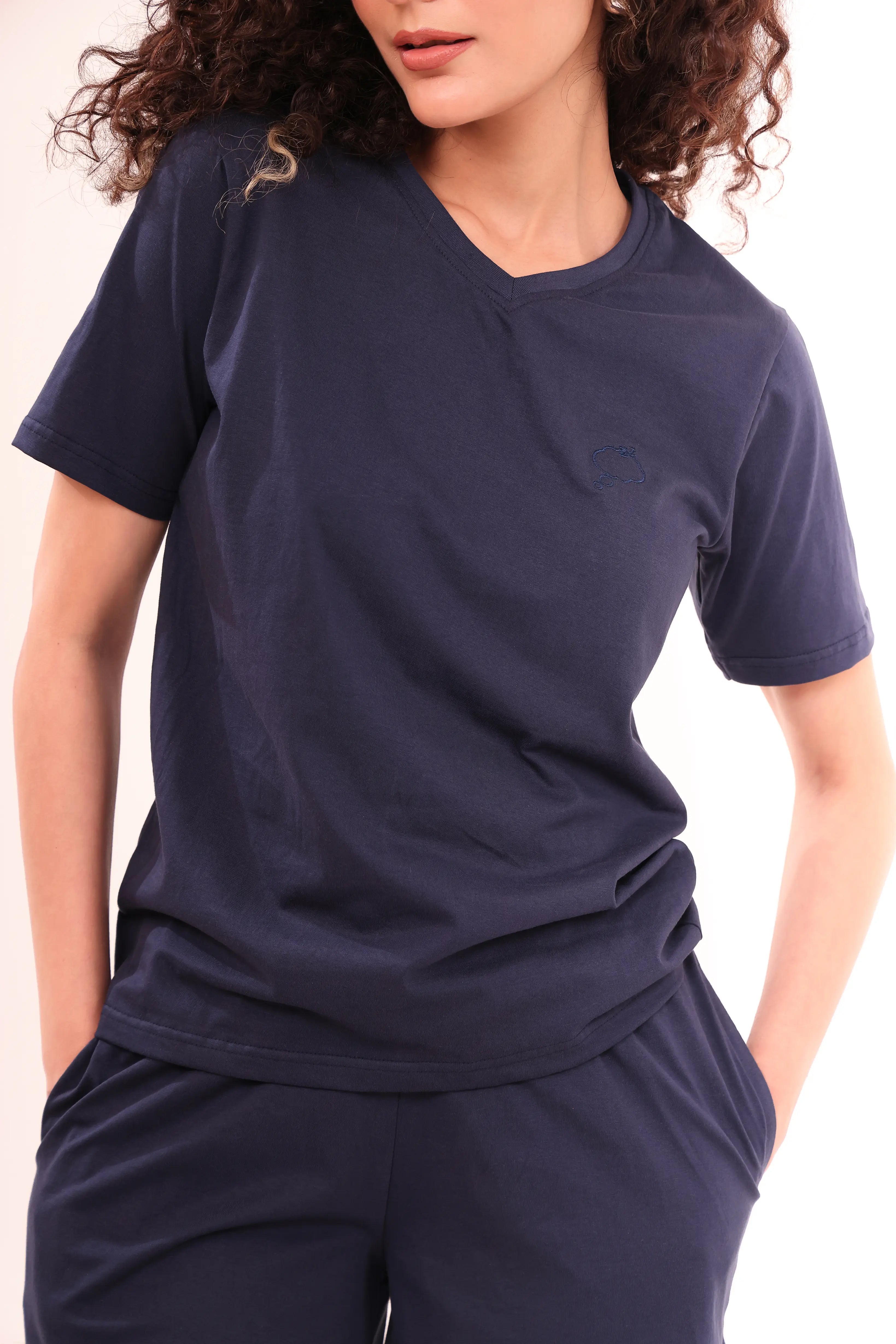 Close-up of Basic Navy Cotton V-Neck Tee highlighting fabric and neckline by NapStory