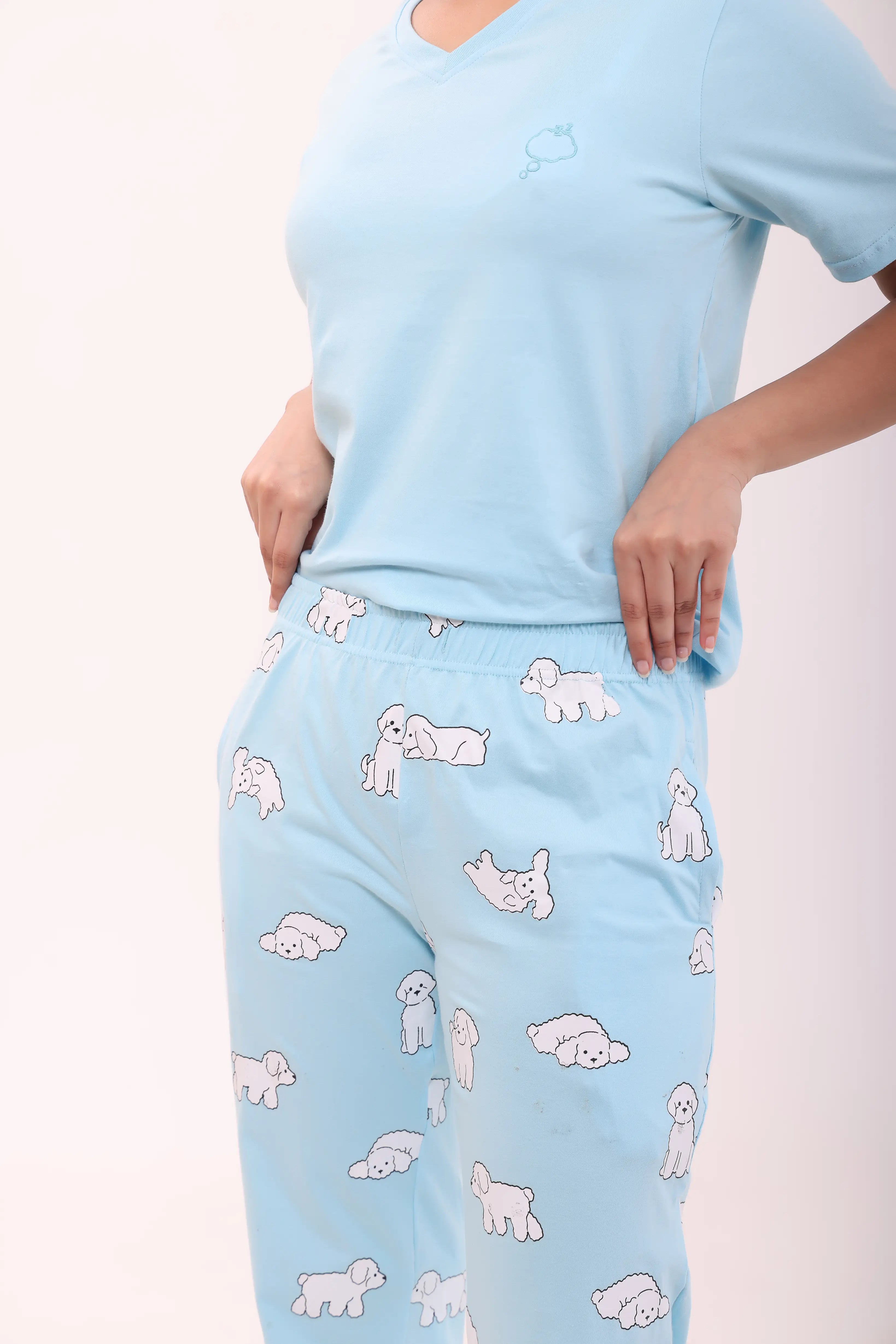 Sky Blue V-neck Tee & Fluffy Dreams Pyjama Lounge Set