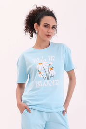Sky Blue Over-sized Printed Tee