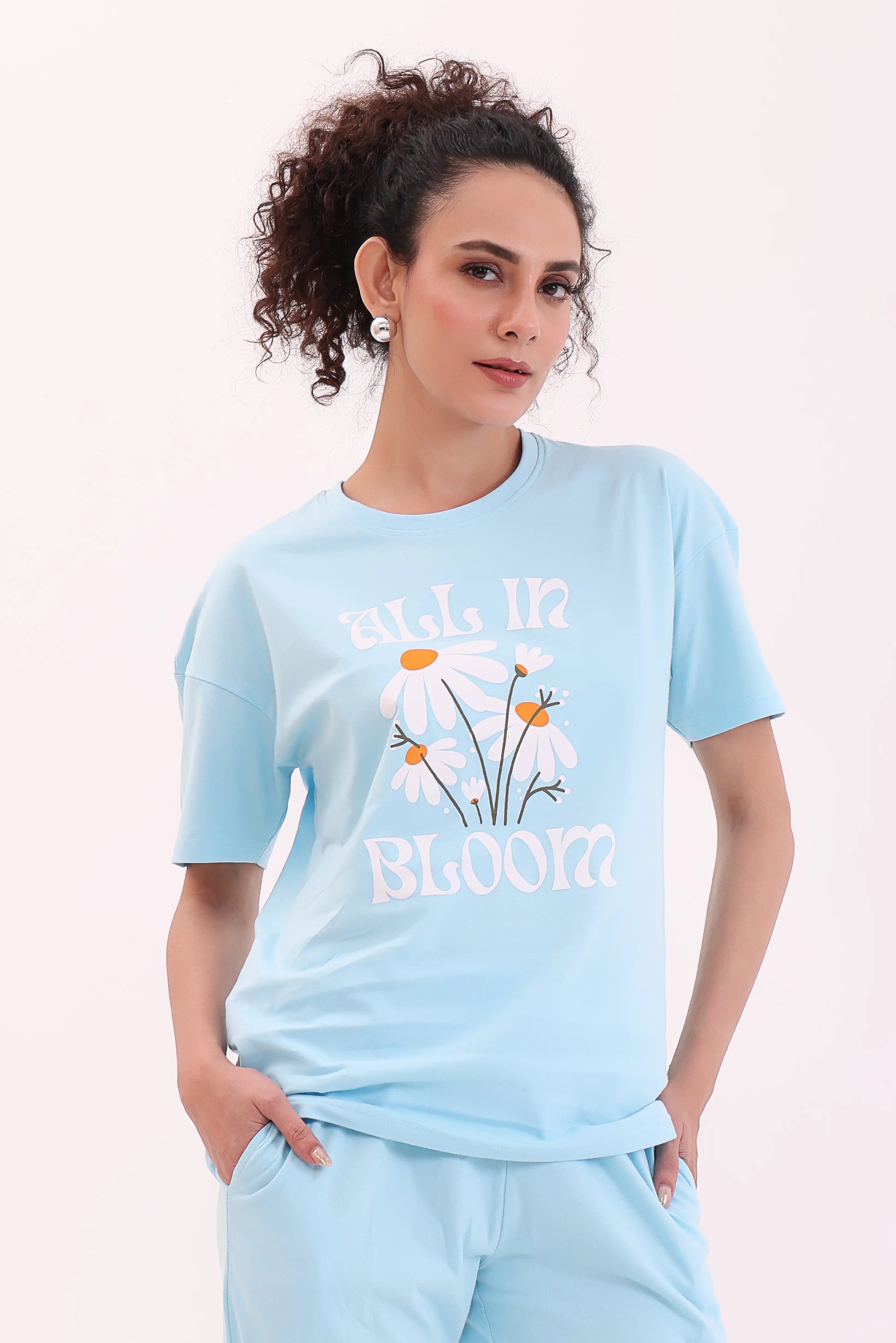 Sky Blue Over-sized Printed Tee