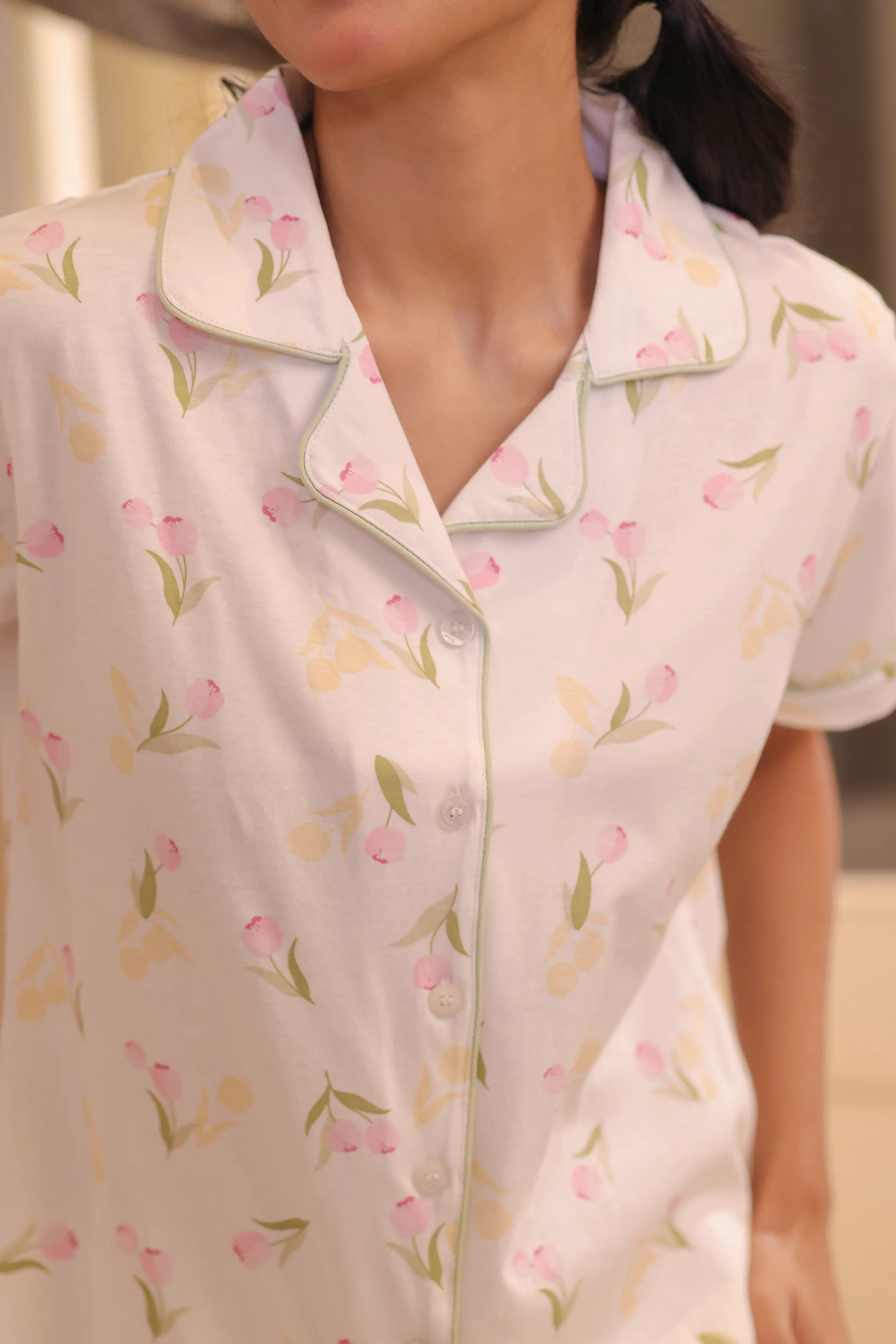 Close view of tulip print cotton shirt from the ladies shorts nightwear set by NapStory
