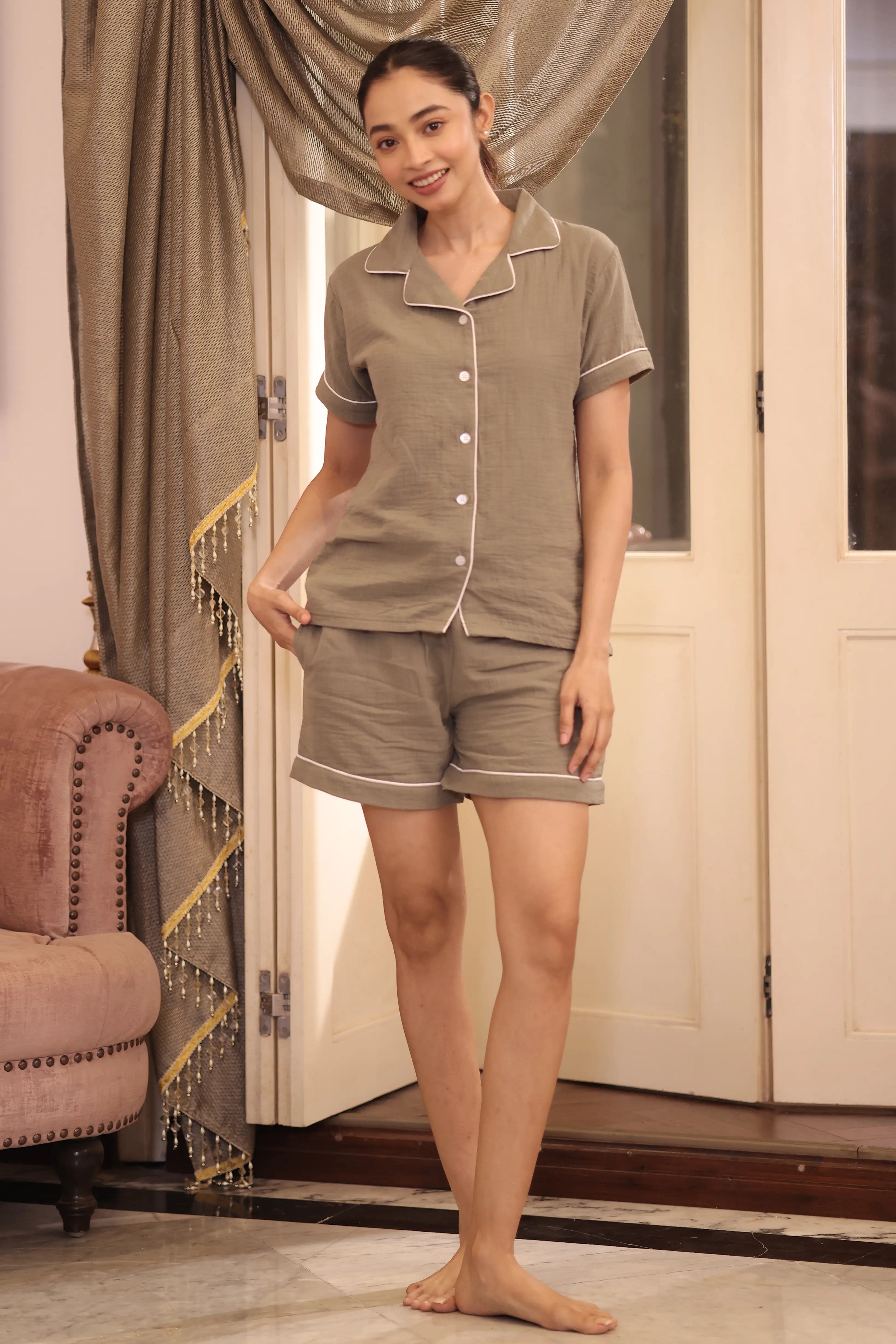 Olive Muslin Shorts Set