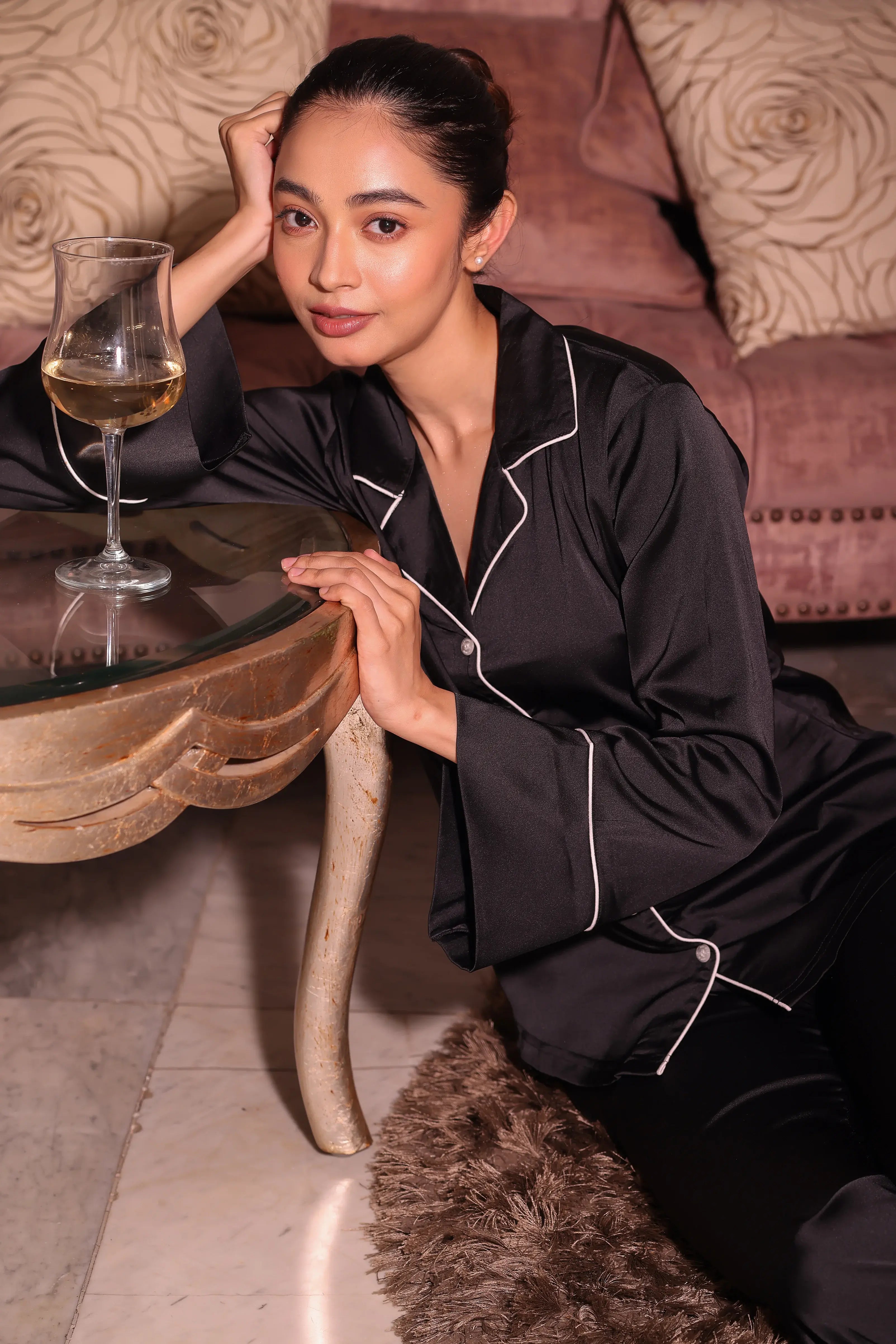 Noir Flared Satin Pyjama Set