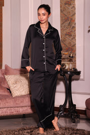 Noir Flared Satin Pyjama Set