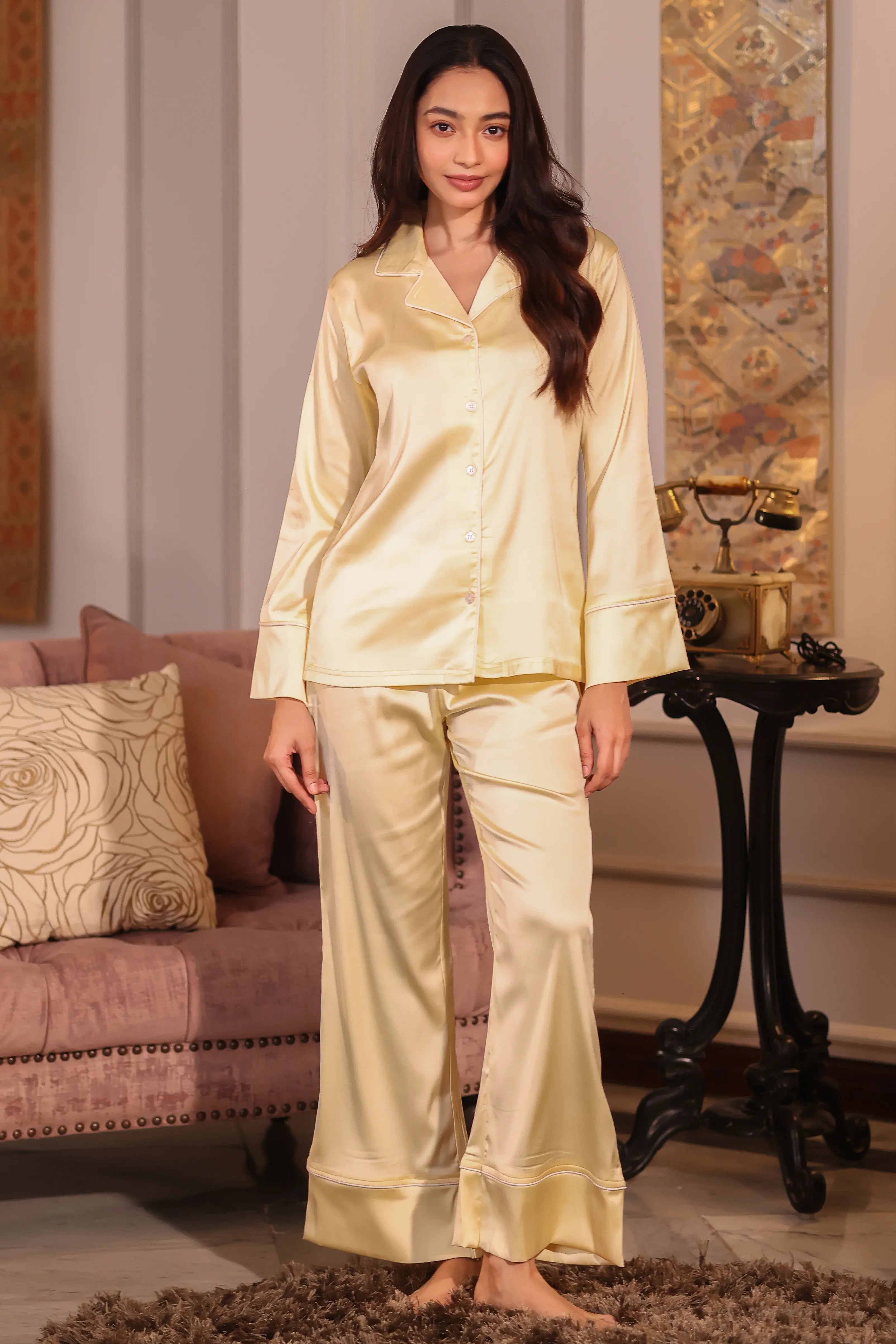 Vanilla Flared Satin Pyjama Set