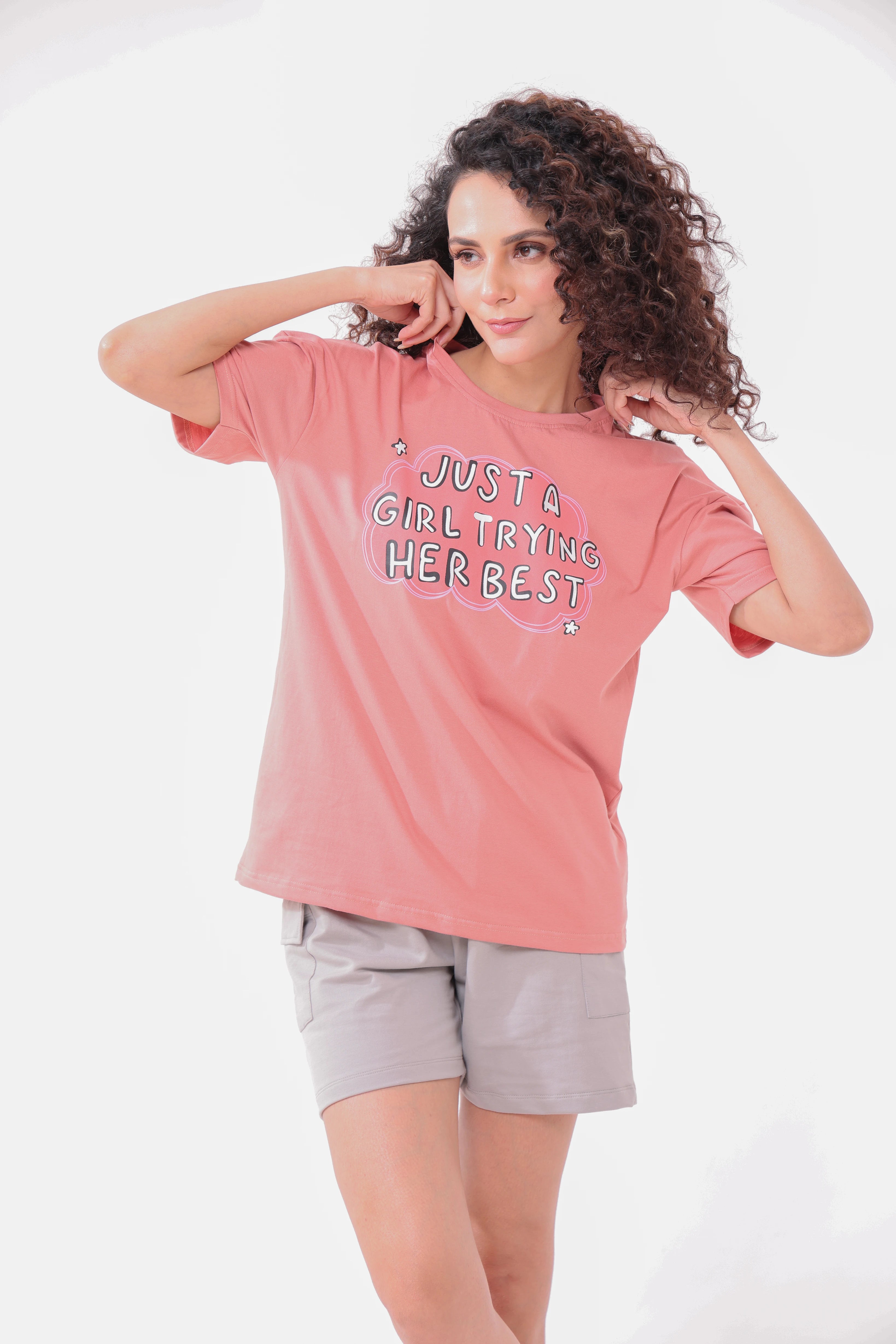 Rose Oversize Tee & Grey Cargo Shorts Lounge Set