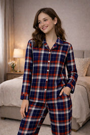 Navy Red Oxford plaid Full Sleeves Pyjama Set