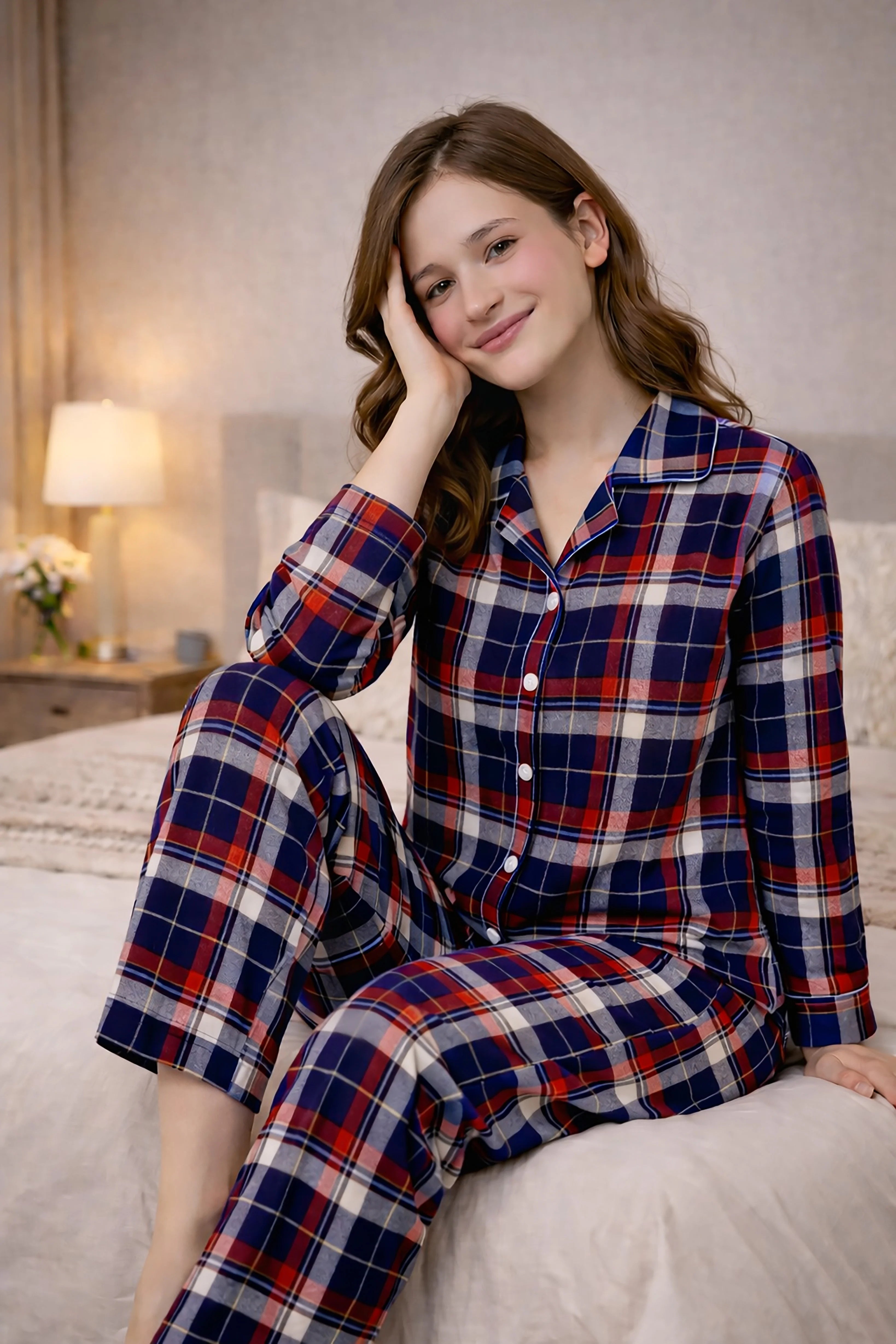 Navy Red Oxford plaid Full Sleeves Pyjama Set