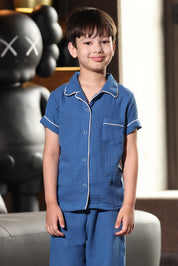 Navy Crinkled Muslin Kids Pyjama Set