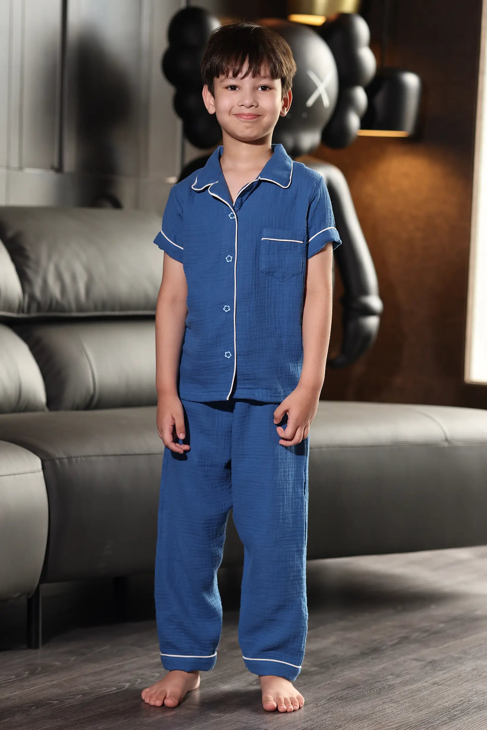 Navy Crinkled Muslin Kids Pyjama Set