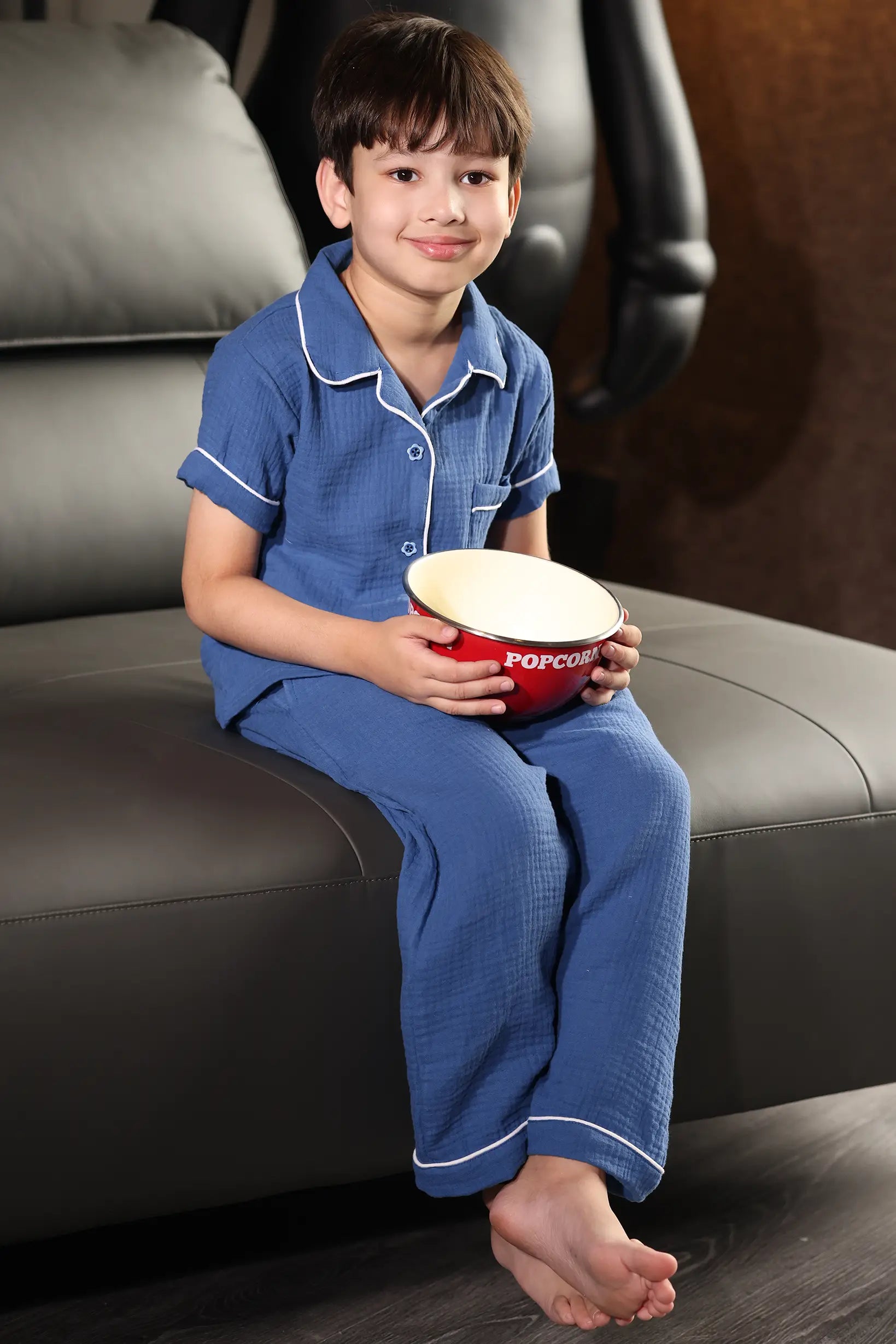 Navy Crinkled Muslin Kids Pyjama Set