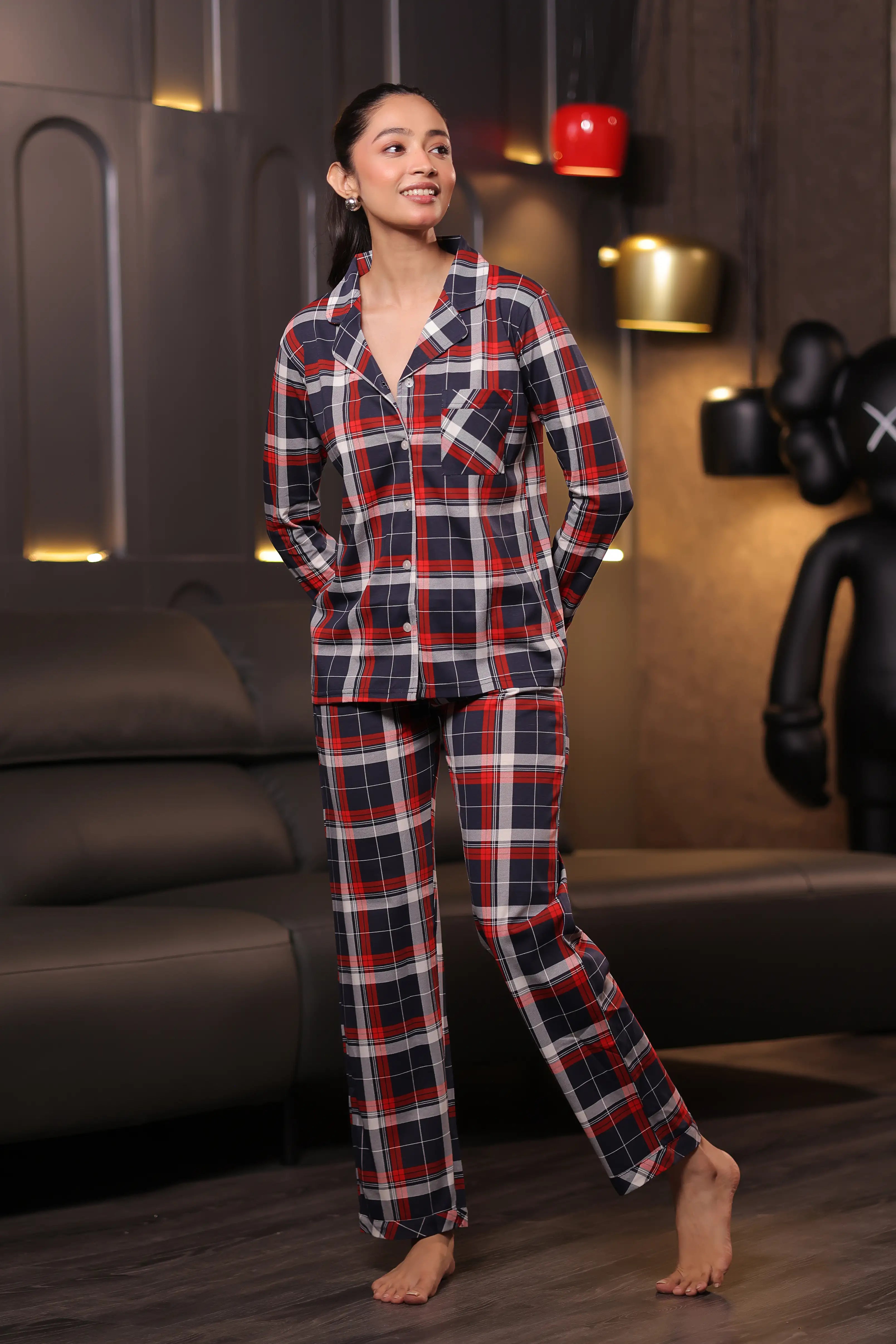 Navy Red Oxford plaid Full Sleeves Pyjama Set