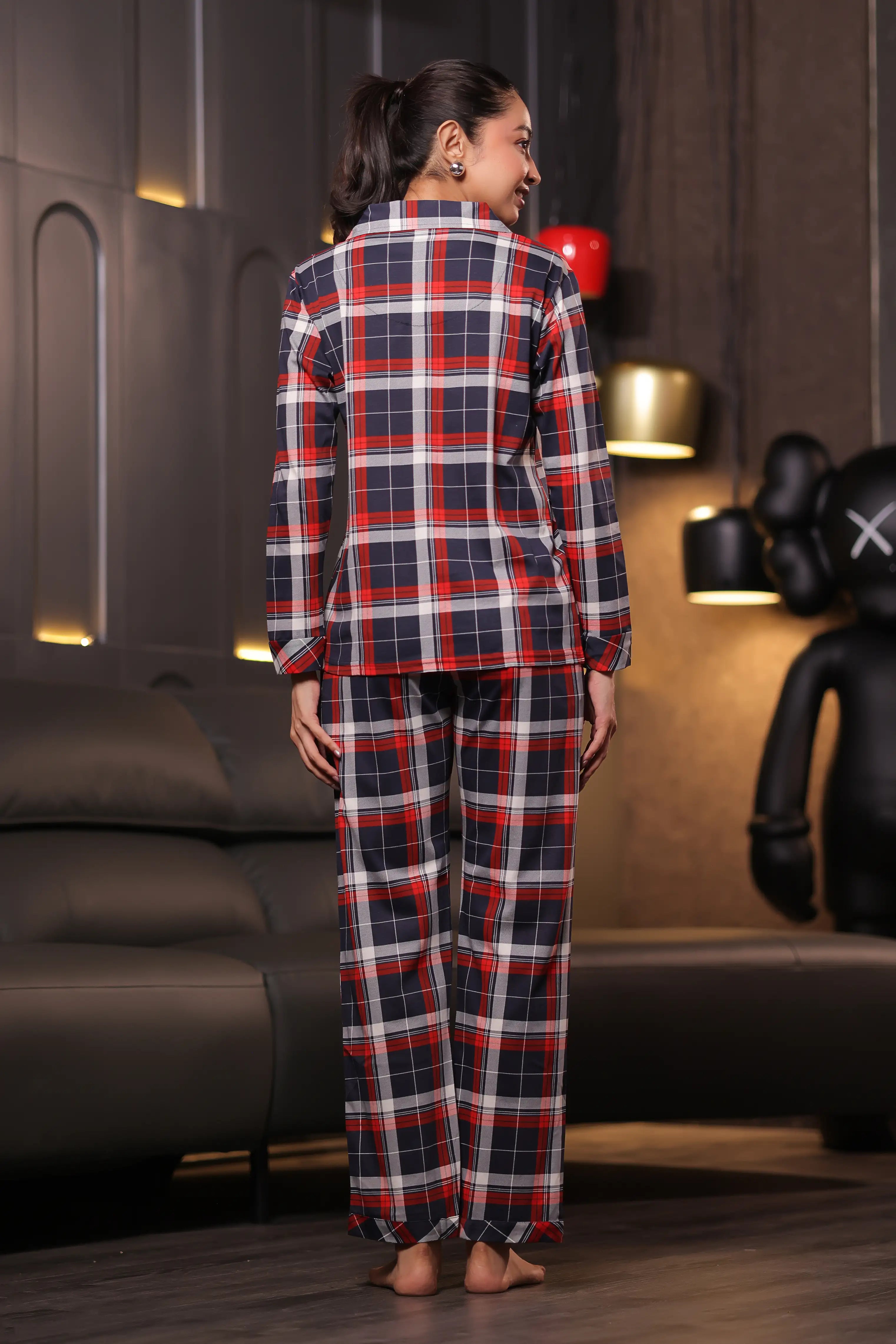 Navy Red Oxford plaid Full Sleeves Pyjama Set