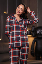 Navy Red Oxford plaid Full Sleeves Pyjama Set