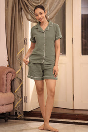 Olive Muslin Shorts Set
