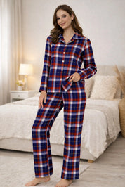 Navy Red Oxford plaid Full Sleeves Pyjama Set