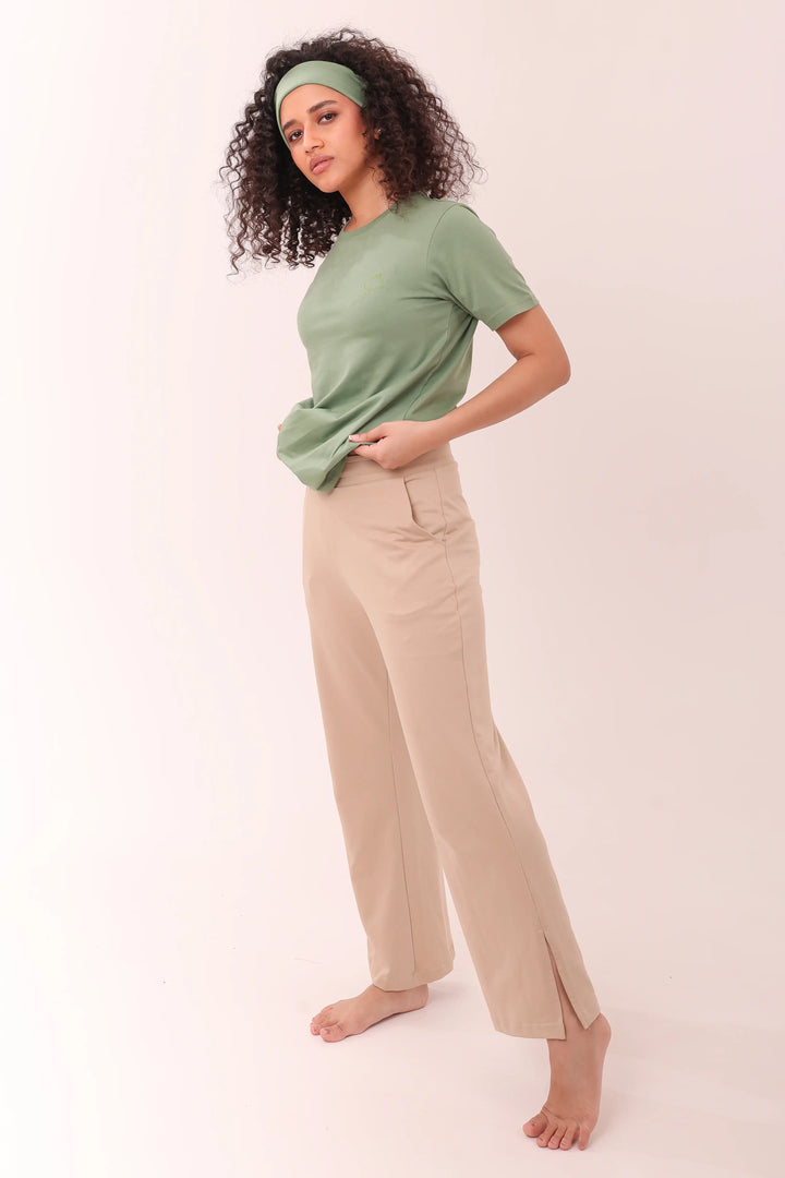 Leaf Green Tee & Sand Flared Side Slit Lounge Set