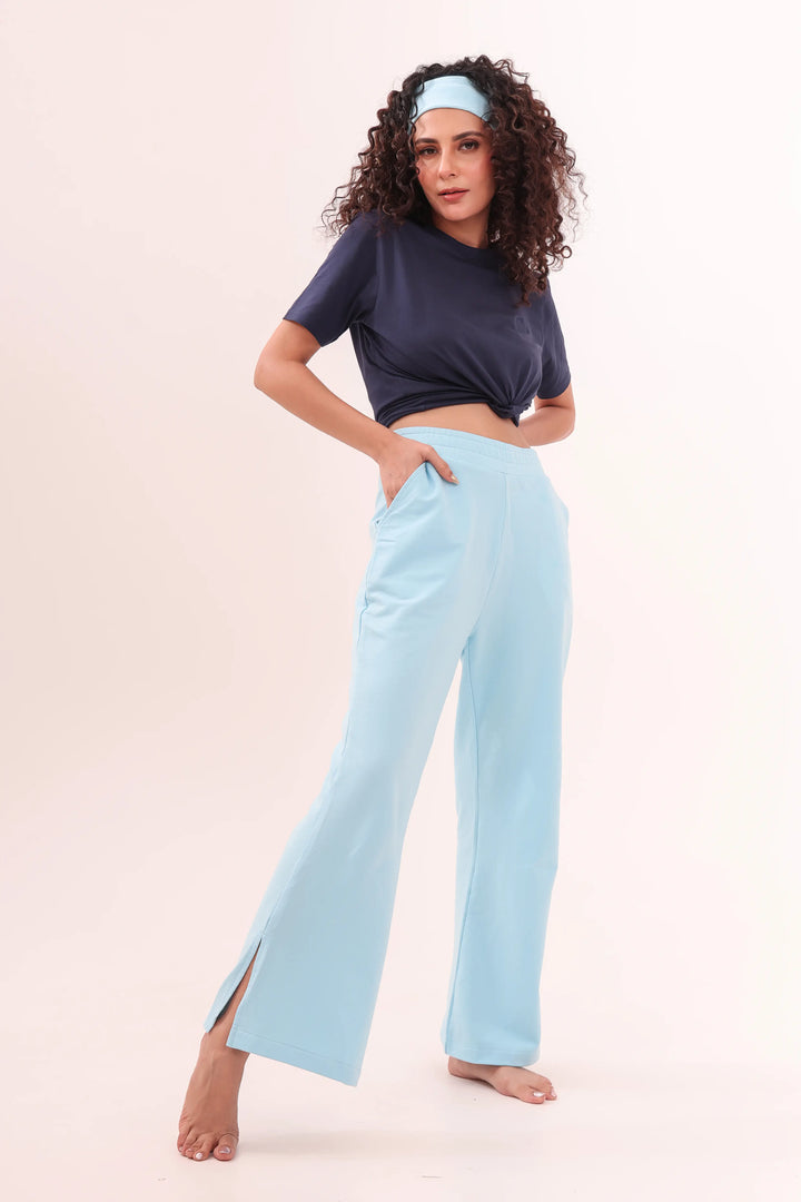 Navy Blue Tee & Sky Blue Flared Side Slit Lounge Set