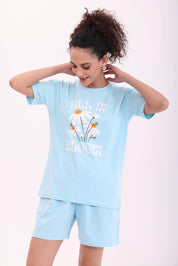 Sky Blue Over-sized Printed Tee