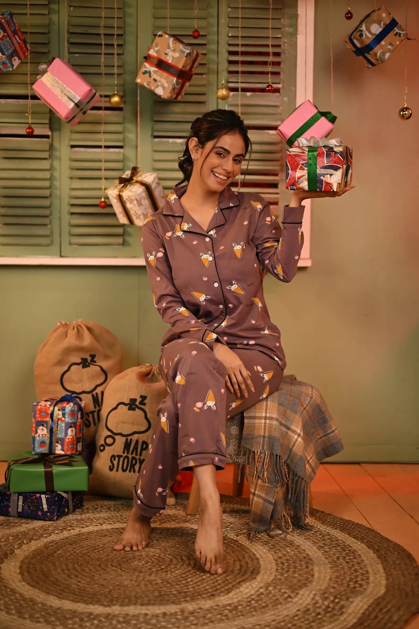 Bunny Cone Print Full Sleeves Pyjama Set - NapStory
