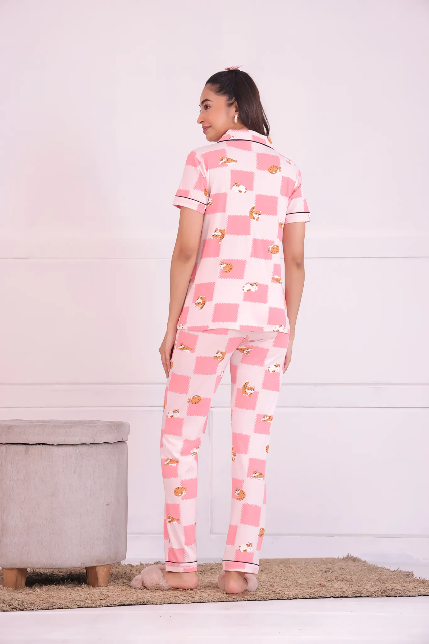 Cat Printed Pyjama Set – Playful and Cozy Nightwear for Women