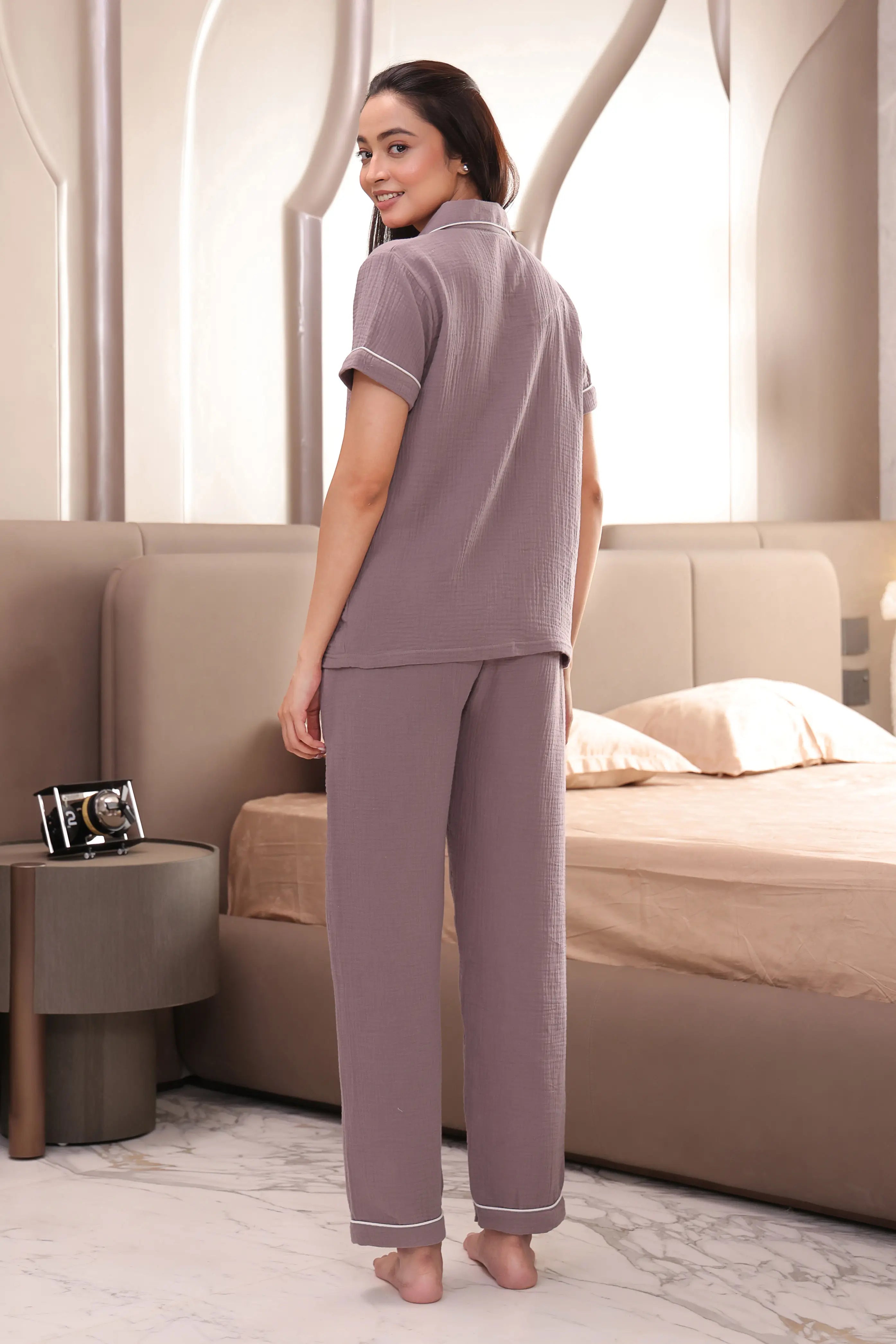 Mocha Crinkled Muslin Pyjama Set