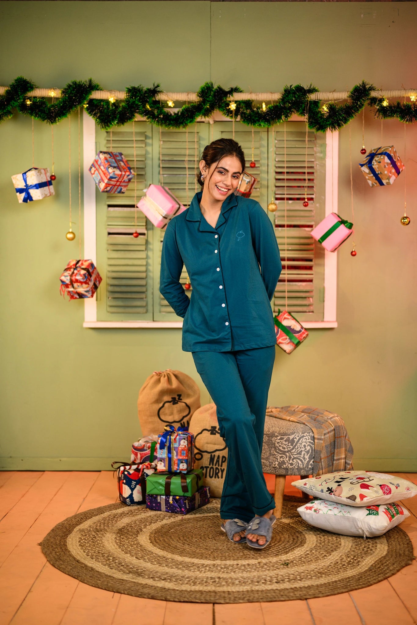 Teal Blue Full Sleeve Nightsuit Set - NapStory